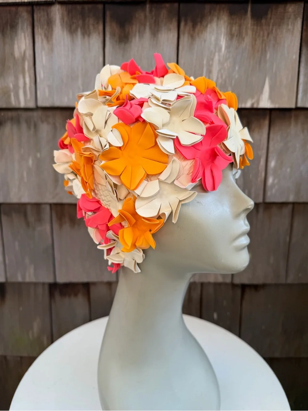Funky retro rubber swim cap 3D flowers theme one size.